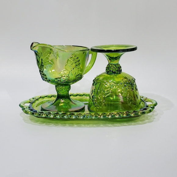 Irredescent Green Carvinal  Glass Tray Open Sugar Cream Pitcher Grape Harvest - Picture 5 of 16